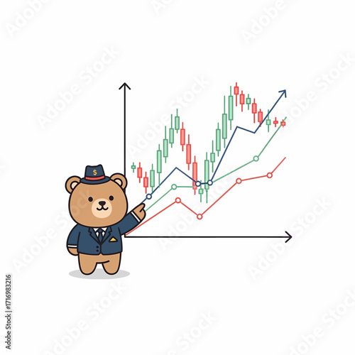 A cute cartoon bear in a suit and hat points to a stock market candlestick chart showing upward trends.