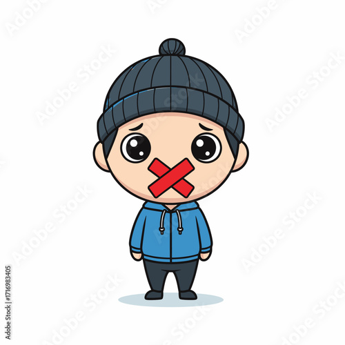 A cute cartoon character with a red X over its mouth, wearing a beanie and hoodie, symbolizing silence or being silenced.
