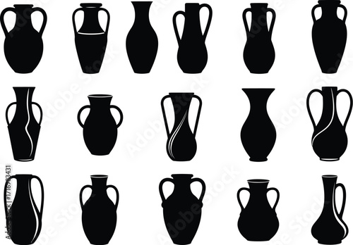 Collection of diverse ancient greek roman pottery amphorae vases and urns in silhouette on white background
