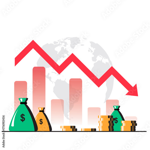 Financial Loss and Market Decline Icon, Economic Downfall with Falling Arrow and Coins, Money Loss Symbol Recession and Crisis Concept

