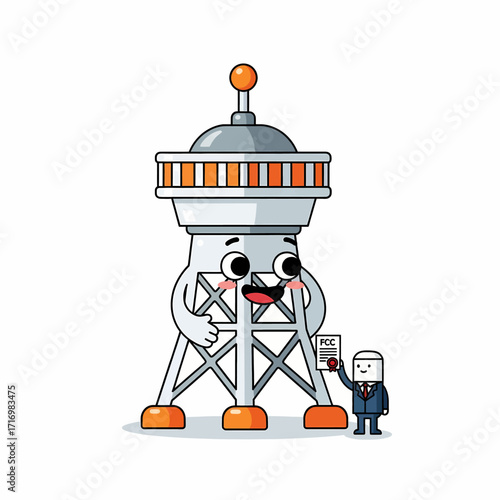 Cartoon tower character receiving a document from a business person, suggesting a licensing or permit process.