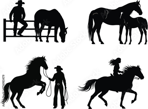 Silhouette collection of cowboys and horses in various poses on a white background