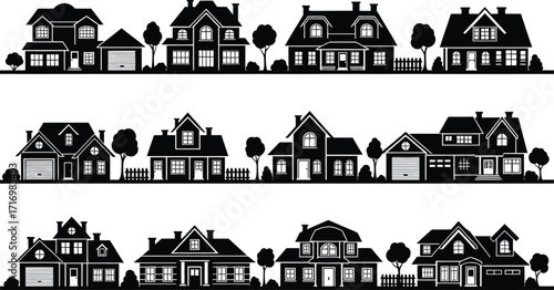 Collection of diverse suburban residential house silhouettes with trees and garages on a white background