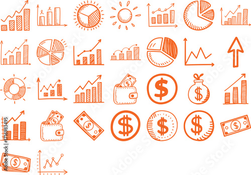 Orange hand drawn style business and finance growth charts and money icons pattern