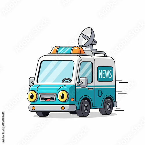 A cute cartoon news van with a satellite dish on top, driving quickly with motion lines.
