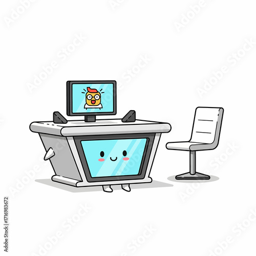 A cute cartoon reception desk with a smiling face and a computer monitor displaying a happy chicken, next to a white office chair.