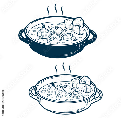 Two bowls of hearty soup with onions and croutons illustration in simple line art