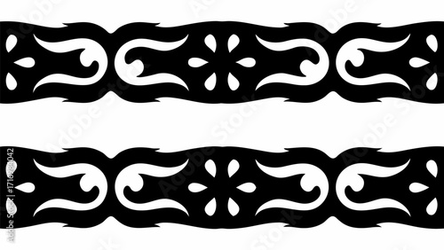 Black and white ornamental border with floral and flame like shapes repeated in two horizontal lines silhouette