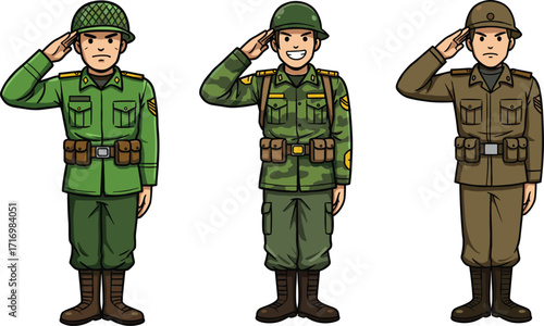 Cartoon soldiers saluting, military uniform illustration, army personnel, armed forces concept, vector art, defense service, patriotic theme, discipline, national security, teamwork