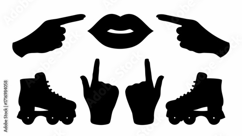 Silhouette illustration of pointing hands lips roller skates and hands pointing upwards on a white background