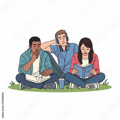 Three students studying together outdoors on the grass.