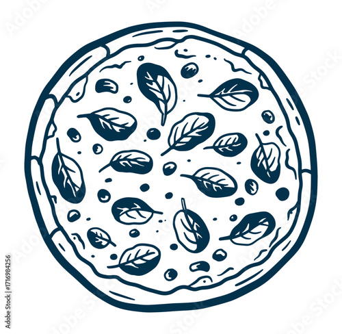 Vector illustration of a pizza decorated with spinach and olive oil with outlined style