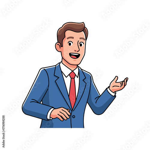 A smiling businessman in a blue suit and red tie gestures with his hands while speaking.