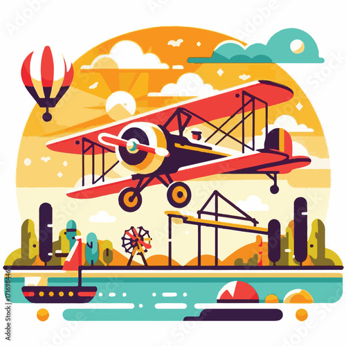 biplane, airplane, plane, aircraft, air, propeller, flight, sky, vintage, aeroplane, old, fly, retro, aviation, transport, wing, pilot, travel, illustration, red, background, vector, transportation, w