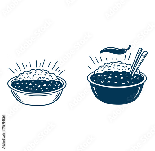 Vector illustration of two bowls of rice one with chopsticks and chili pepper on white background.