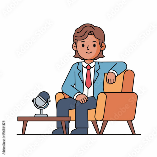 A man in a suit and tie sits in an armchair next to a microphone on a small table, ready for an interview or podcast.