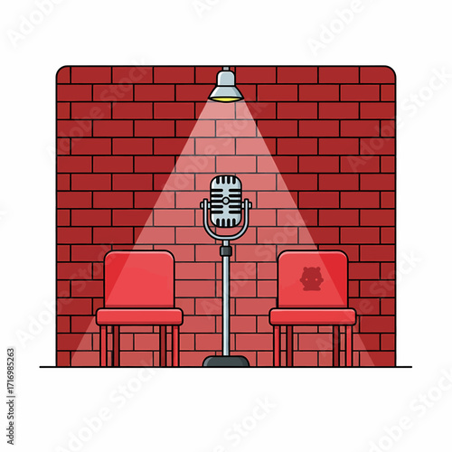 Stand-up comedy stage with brick wall, microphone, spotlight, and two red chairs.
