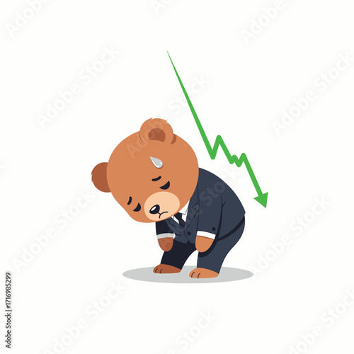 A sad bear in a suit, slumping under a downward-trending graph.