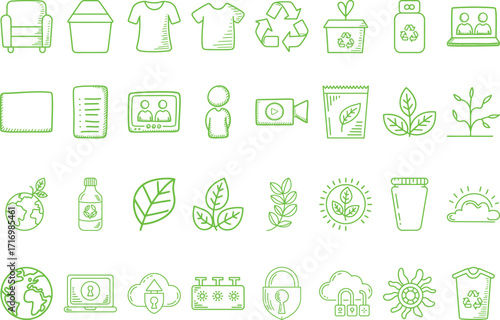 Eco-friendly icons for sustainable living and technology, a modern green solution