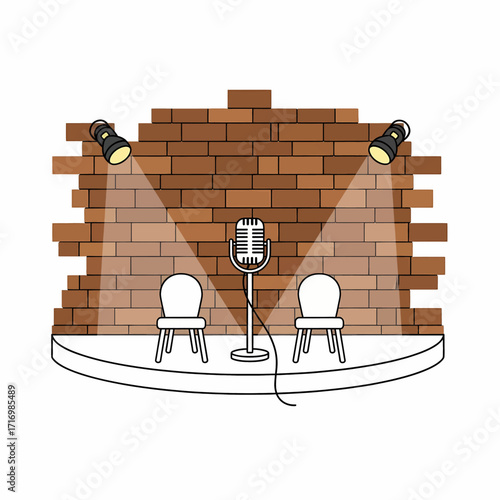 Illustration of a comedy stage with a microphone and two chairs.