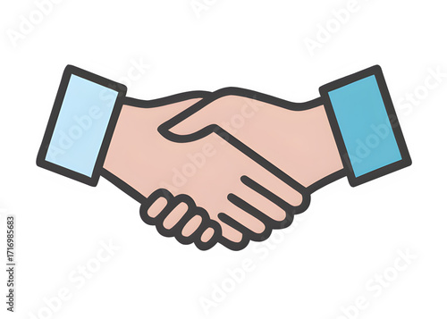 Vibrant cartoon illustration depicting two hands clasped in a firm handshake, symbolizing business agreements, partnership, greetings, or a friendly gesture of trust and unity in various contexts