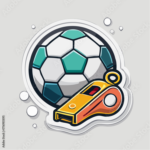 A vibrant cartoon sticker illustration of a soccer ball and a referee's whistle, representing sports, football games, and athletic competition