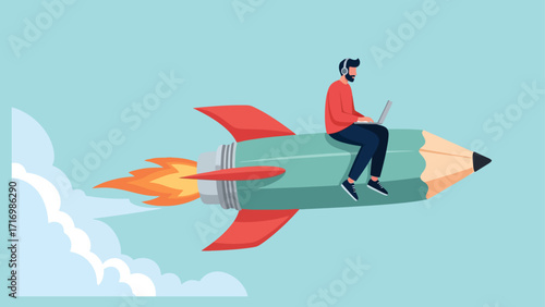A flat design illustration shows a man in headphones sitting on a pencil rocket, soaring through a light-blue sky.