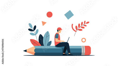 Man sitting on a giant pencil with a laptop, surrounded by creative elements and leaves.