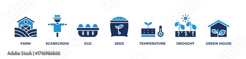 Smart Farming Icons set vector illustration blue with Farm, Scarecrow, Egg, Seed, Temperature, Drought, Green house