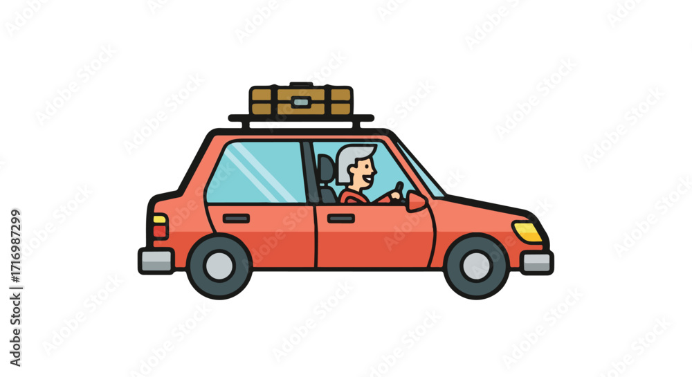 Fototapeta premium Cartoon illustration of a person driving a vintage-styled car with luggage on the roof, ready for an adventure and exploration trip