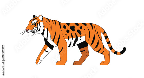 Striking tiger prowling in vibrant colors against a stark white backdrop, evoking a sense of strength