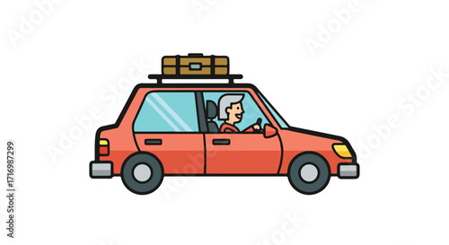 Cartoon illustration of a person driving a vintage-styled car with luggage on the roof, ready for an adventure and exploration trip