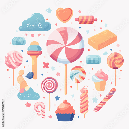 A delightful and colorful assortment of whimsical candies, lollipops, cupcakes, and other sweet treats, perfect for celebrations, children's parties, or a moment of pure sugary joy