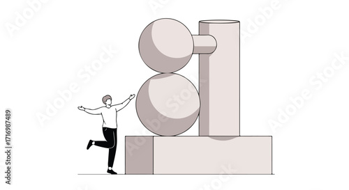 Humorous depiction of a man balancing against an improbably stacked structure in a minimalist drawing style