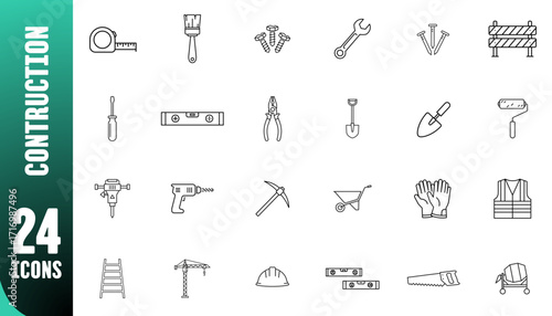 Line art construction tools and equipment icons in monochrome style  