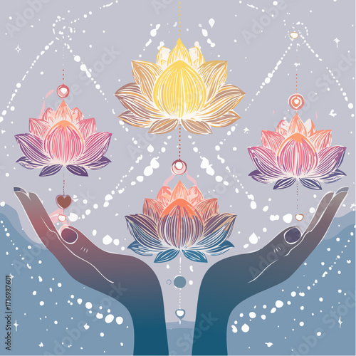 Decorative illustration of hands holding sacred blooming lotus flowers in a mystical spiritual concept