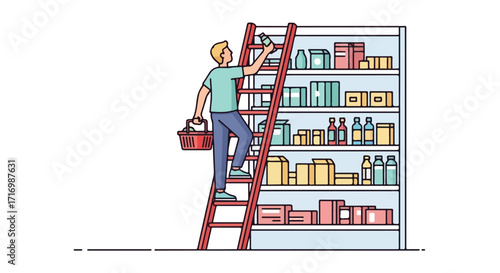 Cartoon-style illustration showcasing a man on a ladder, selecting an item from a fully stocked pantry shelf, with shopping basket in hand