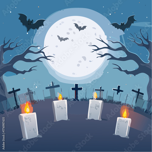 Eerie Halloween night scene in a haunted graveyard under a luminous full moon, with flying bats, spooky bare trees, and flickering memorial candles casting an ominous glow