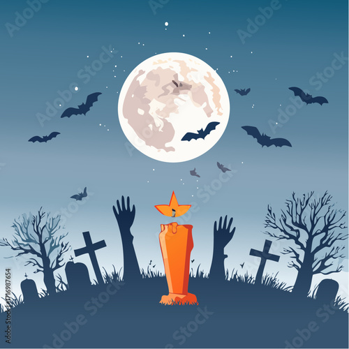 A creepy Halloween night in a haunted cemetery with zombie hands, bats, and a glowing candle under a bright full moon