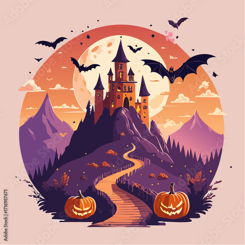 Spooky Castle Scene Halloween Night with Bats, Pumpkins, and Mountains Under a Full Moon