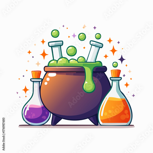 Vibrant animated-style depiction of magical potion brewing, featuring a mystical pot and various enchanted elixirs, ideal for themes of wonder and mystery