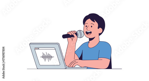 Person recording audio using microphone with sound wave displayed on laptop in a home studio setup for podcasting and content creation