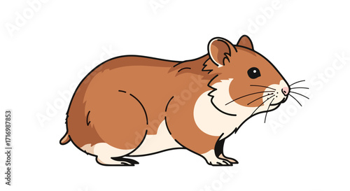 A charming cartoon illustration showcases a chubby hamster with a gentle expression standing on a plain white background ready to explore