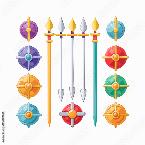 Collection of colorful medieval shields and spears for fantasy games or historical reenactments