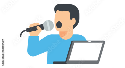 Illustration representing online communication through microphone and laptop setup for virtual meeting and presentation
