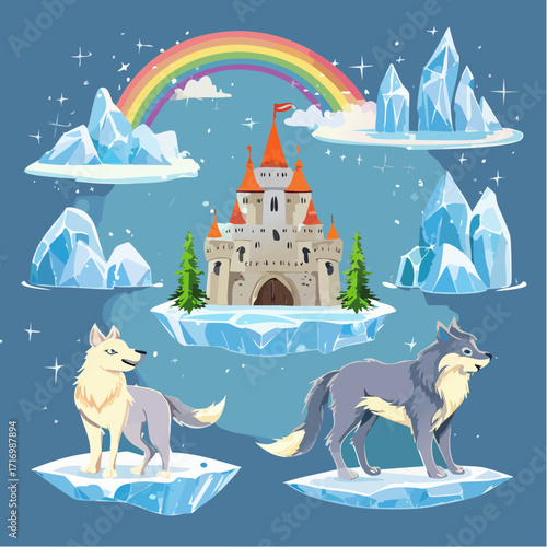 Fantasy ice castle with wolves and rainbow, magical winter landscape illustration