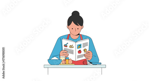 Home baker explores culinary recipes from open book, preparing ingredients at kitchen table ready to begin baking something delicious and exciting