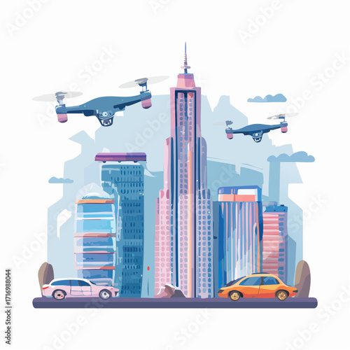 Futuristic city landscape with autonomous drone delivery service flying over modern skyscrapers and urban traffic
