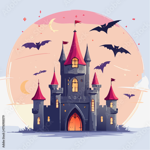 Enchanting moonlit fantasy castle with flying bats and mystical accents, perfect for Halloween themes and magical night illustrations