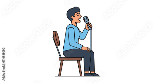 Illustration depicting a performer seated on a chair holding a microphone while singing with passion artistic style